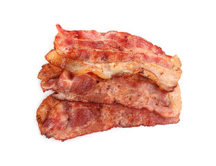 Slices of tasty fried bacon on white background, top view