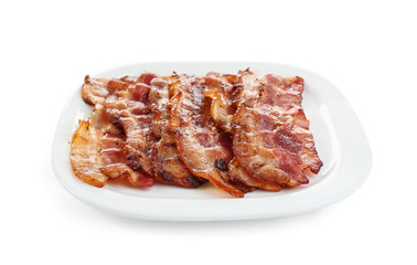 Slices of tasty fried bacon on white background