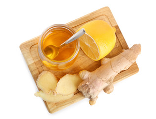 Cold remedies on white background, top view. Sore throat treatment