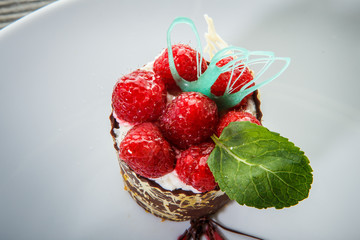 top view macro chocolate dessert with raspberry decoration