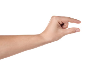 Man holding something on white background, closeup of hand