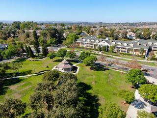 Aerial view of Town Green little park in Ladera Ranch, South Orange County, California. Large-scale residential neighborhood with small park