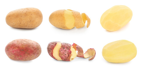 Collage with raw potatoes on white background