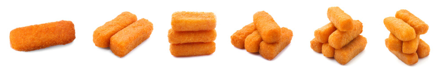 Collage with tasty mozzarella sticks on white background