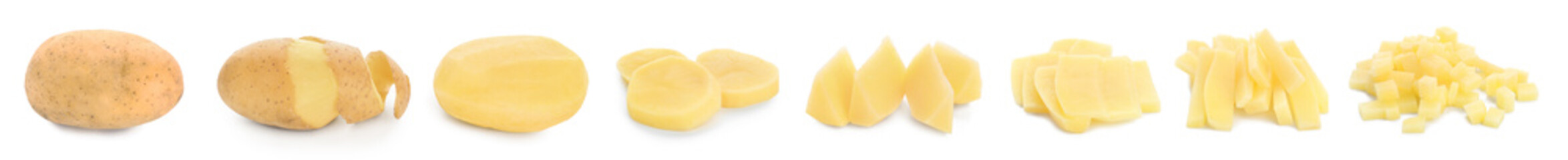 Collage with raw potatoes on white background