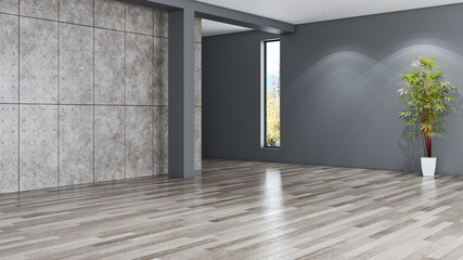 Idea of a white empty scandinavian room interior illustration 3D rendering with wooden floor and large wall and white. Background interior. Home nordic