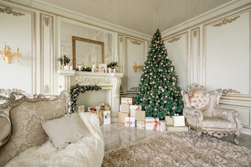 Christmas morning. Classic luxurious apartments with decorated christmas tree and presents. Living with fireplace, columns and stucco.