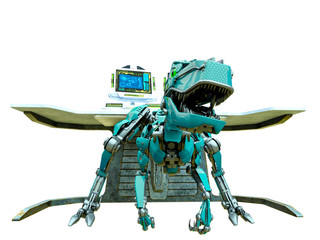 Fototapeta premium velociraptor robot in front of the computer console