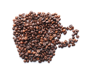 Cup shape made of coffee beans on white background