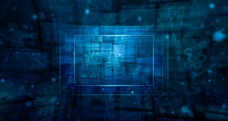 Technological background of blank frame futuristic environment. Blank square figure with holographic virtual screens technology, text to be placed in the frame.