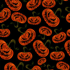 Vector pattern with smiling halloween pumpkins on a black background