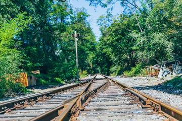 Rusty railroad tracks disappearing outdoors in green forest