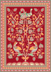 Tree with flowers, peacocks on the branches, openwork frames, burgundy background. A rectangular arrangement in the Indian folk style Kalamkari.