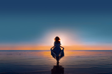 Fototapeta na wymiar young woman silhouette walking on water at sunset