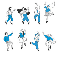 Set of flat happy dancing people. Funny friends dance and jump. Doodle style