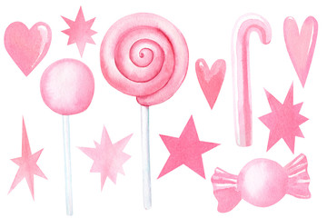 set of pink sweets, lollipops, stars, hearts on an isolated white background,  watercolor illustration, hand drawing