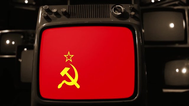 Flag Of The Soviet Union on a Retro TV. Sepia Tone. 