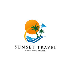 Fototapeta na wymiar Sunset Travel, Summer Vacation Logo Vector Icon Illustration, Paper Airplane and Sunset on the Beach