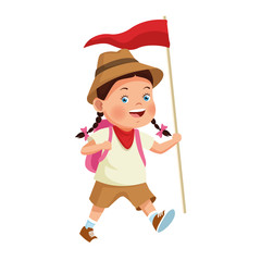 cartoon explorer girl with a flag