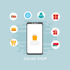 Set of flat design concept icons for web and mobile phone services and apps. Icons for mobile marketing and online shopping
