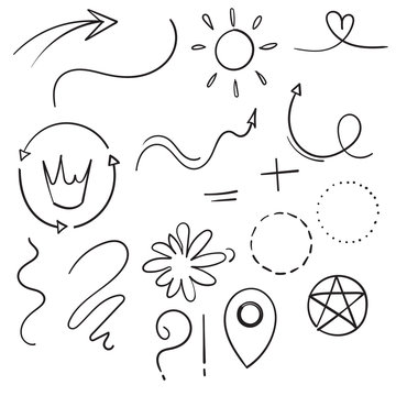 Decoration for your texts and photos with hand drawn doodle elements.Swoops, emphasis doodles. Highlight text elements, calligraphy swirl, tail, flower, heart, graffiti, and crown.line art style