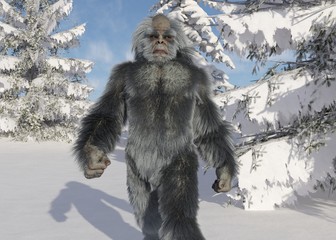 Yeti winter in the forest 3d illustration