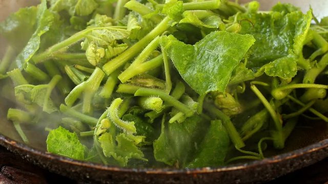 Frying Chayote leaves in pan, outdoor Chiangmai Thailand