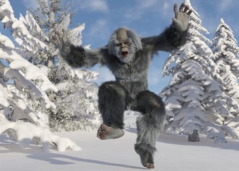 Yeti winter in the forest 3d illustration