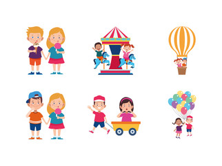 happy kids and carousel related icons, flat design