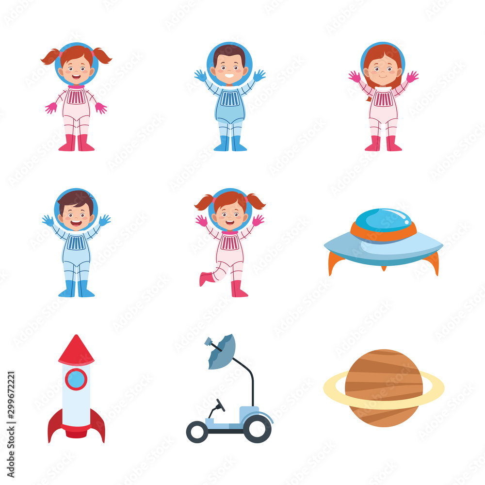 Sticker icon set of cartoon astronauts, colorful design