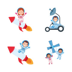 icon set of cartoon astronauts on space vehicles
