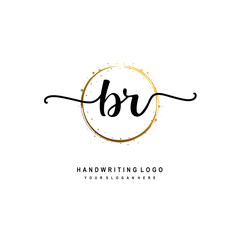 Initials letter BR vector handwriting logo template. with a circle brush and splash of gold paint