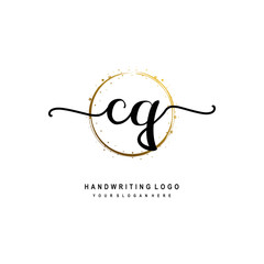 Initials letter CQ vector handwriting logo template. with a circle brush and splash of gold paint