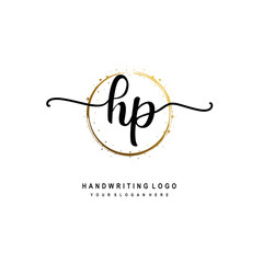 Initials letter HP vector handwriting logo template. with a circle brush and splash of gold paint
