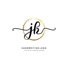 Initials letter JK vector handwriting logo template. with a circle brush and splash of gold paint