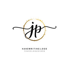 Initials letter JP vector handwriting logo template. with a circle brush and splash of gold paint