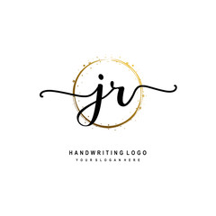 Initials letter JR vector handwriting logo template. with a circle brush and splash of gold paint