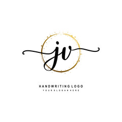 Initials letter JV vector handwriting logo template. with a circle brush and splash of gold paint