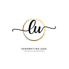 Initials letter LU vector handwriting logo template. with a circle brush and splash of gold paint