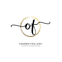 Initials letter OF vector handwriting logo template. with a circle brush and splash of gold paint