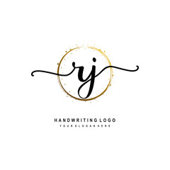 Initials letter RJ vector handwriting logo template. with a circle brush and splash of gold paint