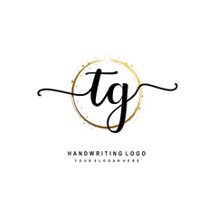 Initials letter TG vector handwriting logo template. with a circle brush and splash of gold paint