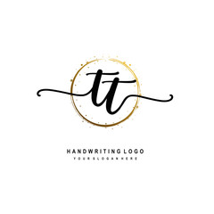 Initials letter TT vector handwriting logo template. with a circle brush and splash of gold paint