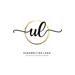 Initials letter UL vector handwriting logo template. with a circle brush and splash of gold paint