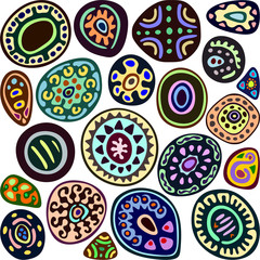 Abstract mandala colorful hi-contrast pattern background isolated on white. Styled as primitive pre-Columbian art objects