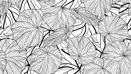 Fensteraufkleber Laub nahtloses Muster, Blätter Strichzeichnungen in Schwarz und Weiß © momosama