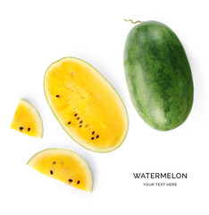 Creative layout made of pink and yellow watermelon on white background. Flat lay. Food concept. Macro concept.