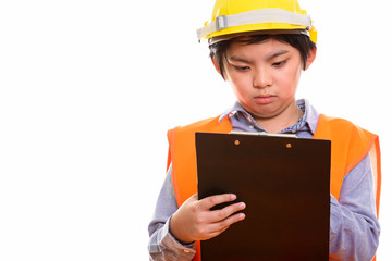 Studio shot of Japanese boy isolated against white background