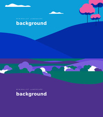 Set of minimalist landscape background, cherry blossom trees on the mountain and plain and small hills in blue and purple tones