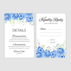 Wedding card with hand painted watercolor blue rose